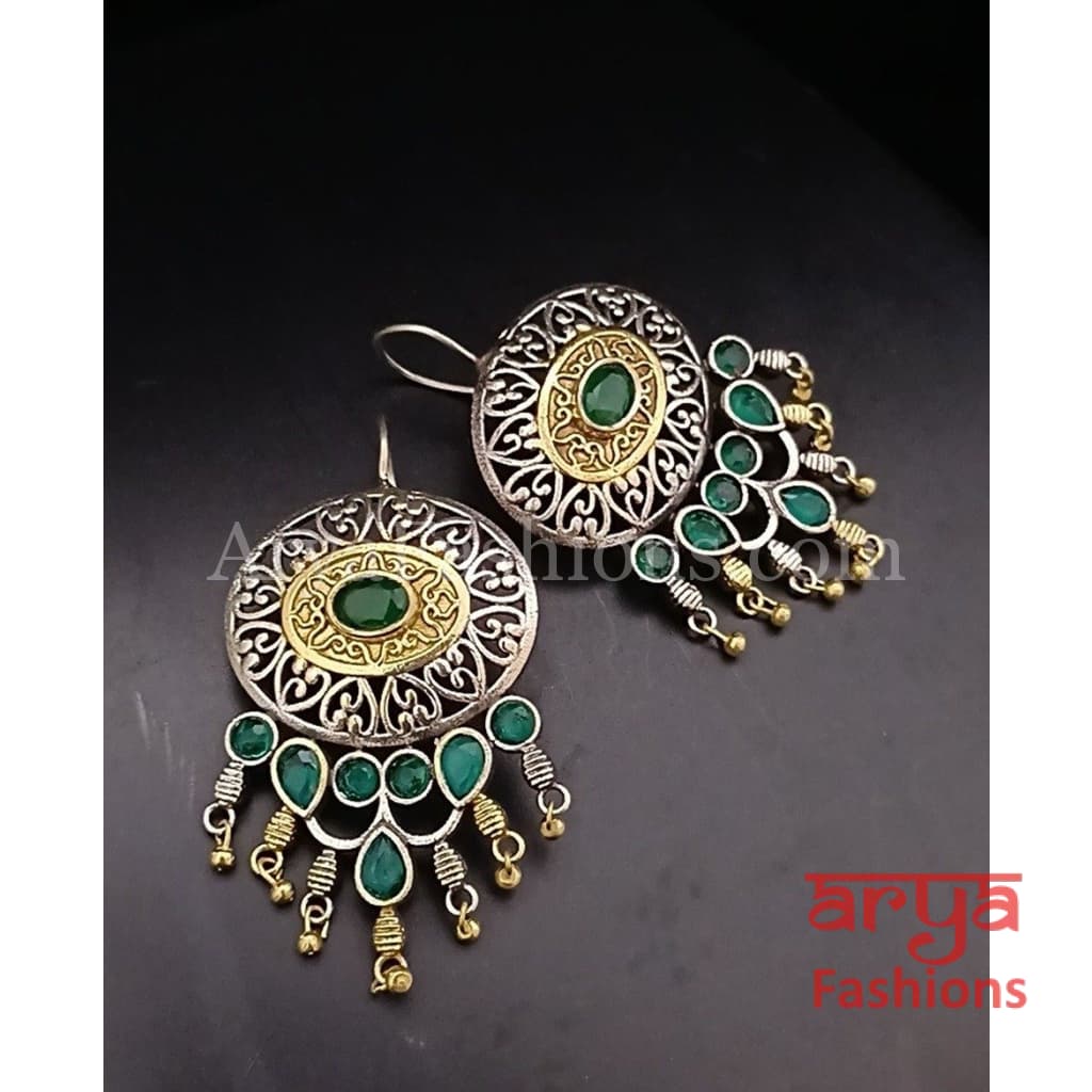 Two Tone Tribal Hoop Earrings with colored stones
