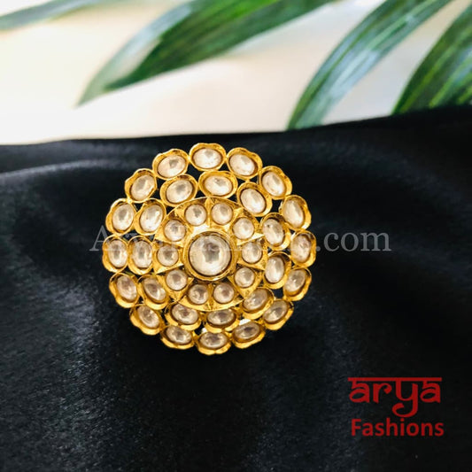 Tyaani Inspired Pacchi Kundan Golden Adjustable Ring