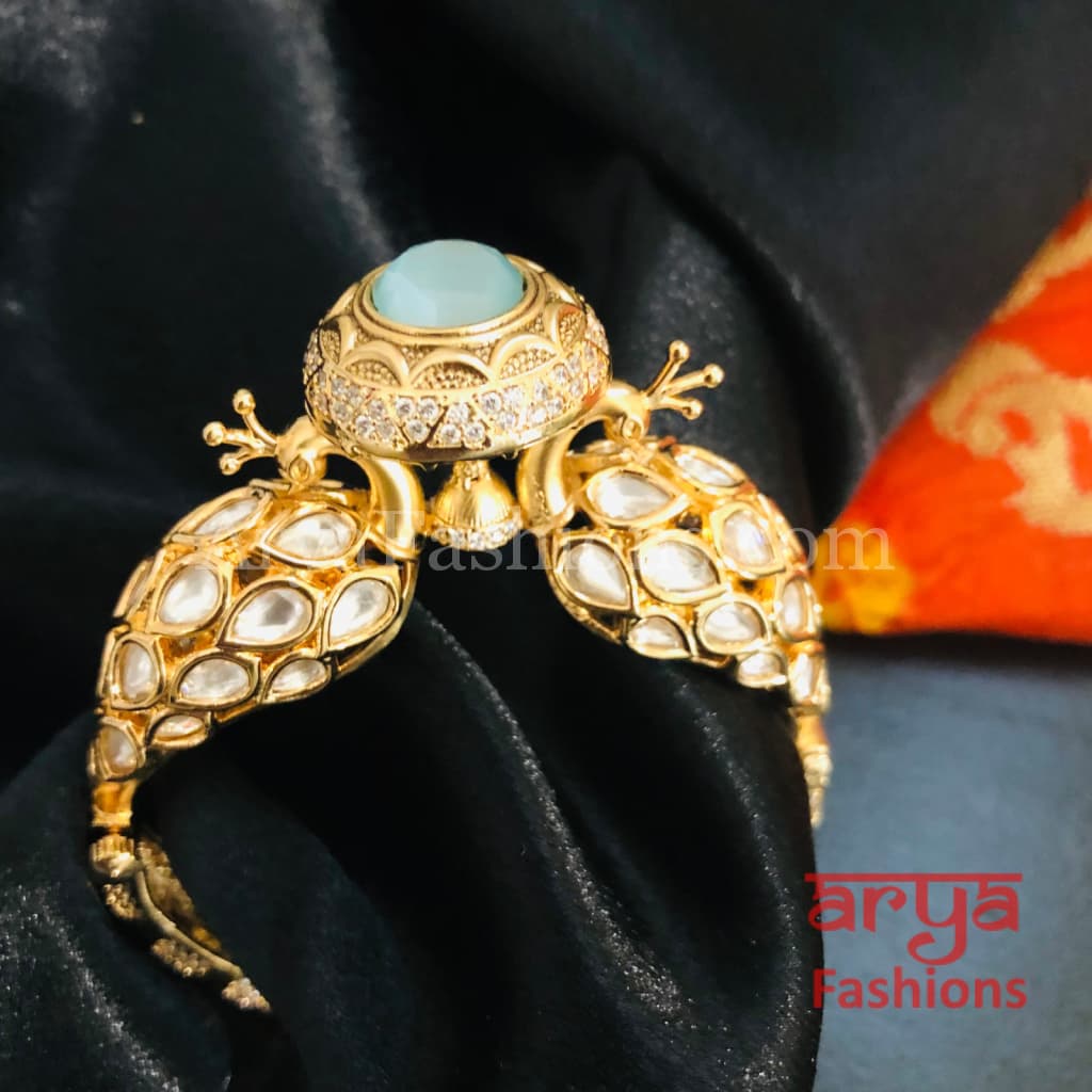 Veera Blue Peacock Jaipuri Jadau Kundan CZ Rajwadi Openable Designer Bracelet