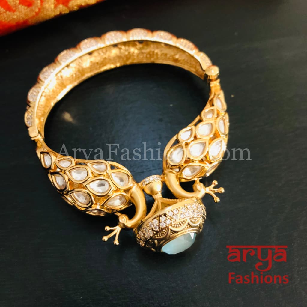 Veera Blue Peacock Jaipuri Jadau Kundan CZ Rajwadi Openable Designer Bracelet