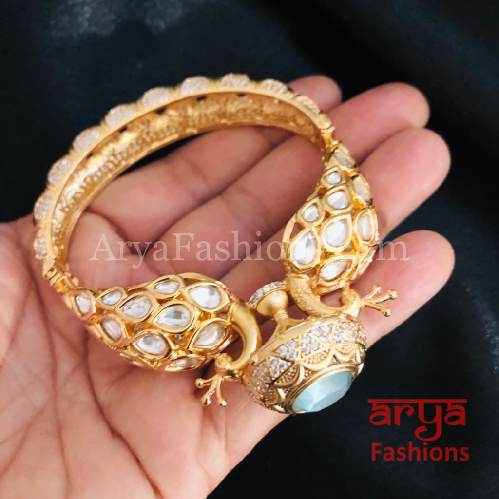 Veera Blue Peacock Jaipuri Jadau Kundan CZ Rajwadi Openable Designer Bracelet