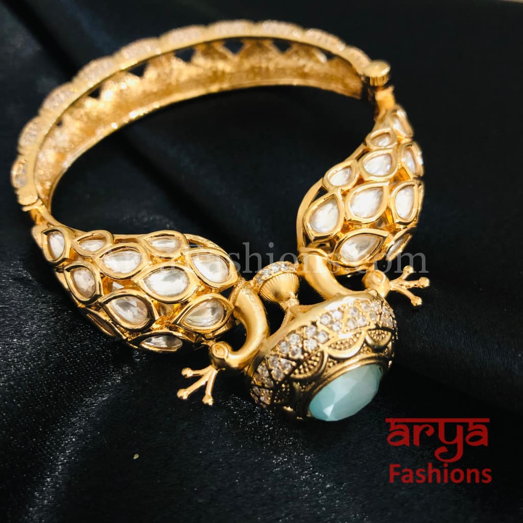 Veera Blue Peacock Jaipuri Jadau Kundan CZ Rajwadi Openable Designer Bracelet