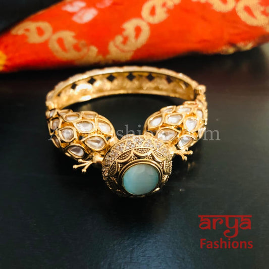 Veera Blue Peacock Jaipuri Jadau Kundan CZ Rajwadi Openable Designer Bracelet