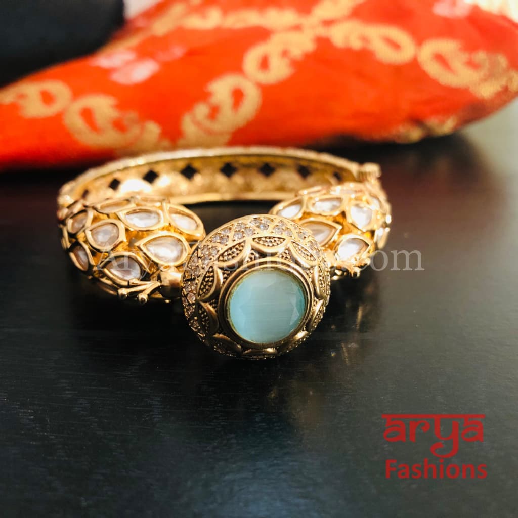 Veera Blue Peacock Jaipuri Jadau Kundan CZ Rajwadi Openable Designer Bracelet