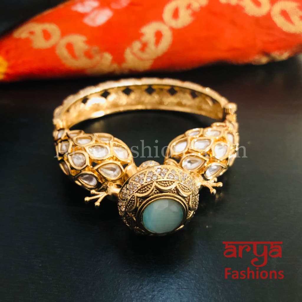 Veera Blue Peacock Jaipuri Jadau Kundan CZ Rajwadi Openable Designer Bracelet