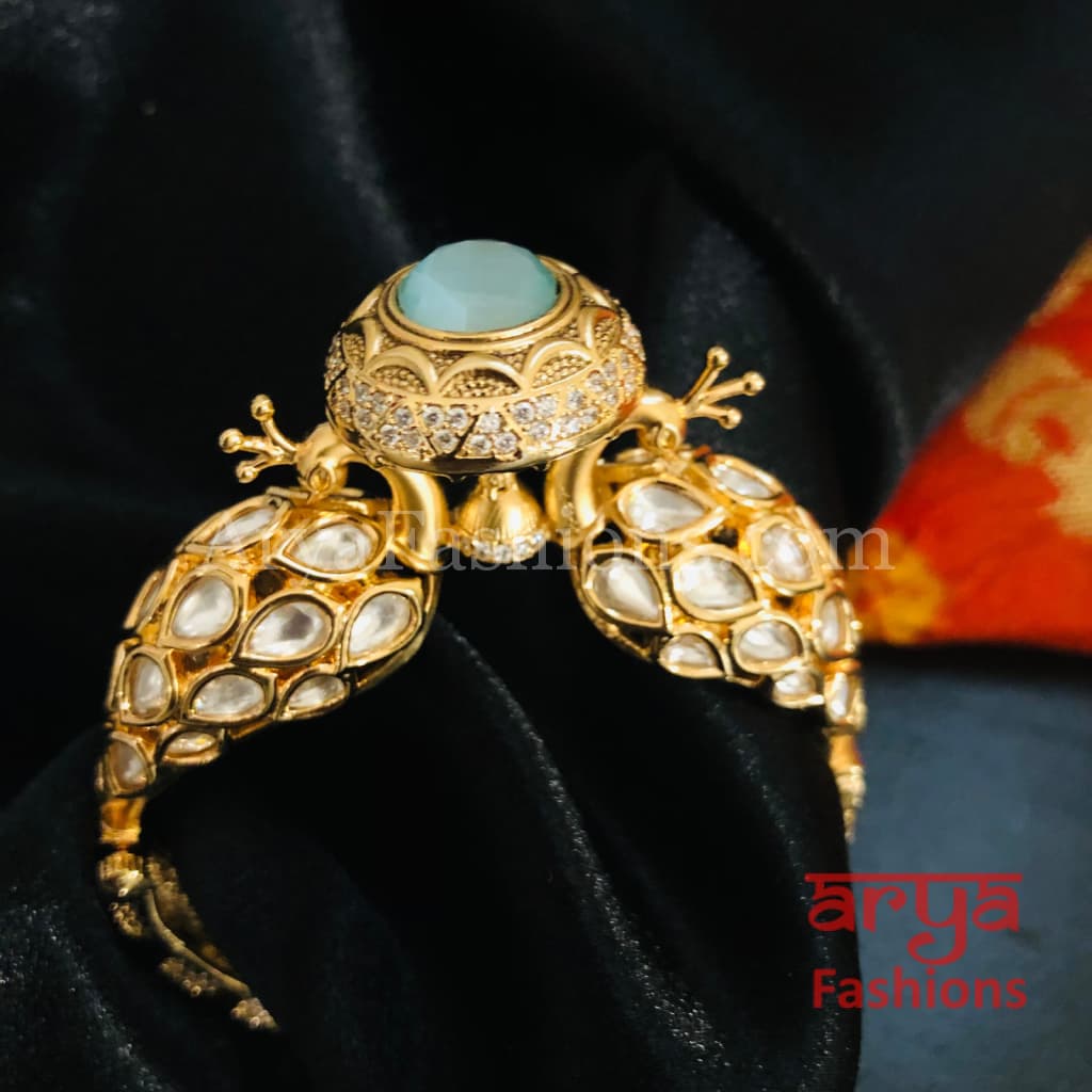 Veera Blue Peacock Jaipuri Jadau Kundan CZ Rajwadi Openable Designer Bracelet