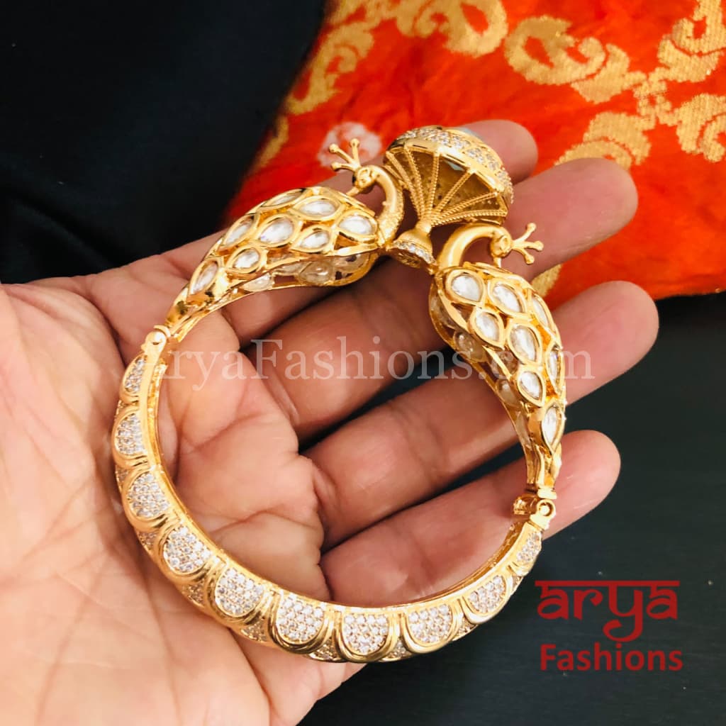 Veera Blue Peacock Jaipuri Jadau Kundan CZ Rajwadi Openable Designer Bracelet