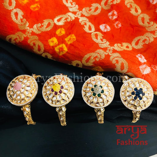 Veera Round Dial Jadau Kundan Rajwadi Openable Bracelet/ Jaipuri Pacchi Bracelet