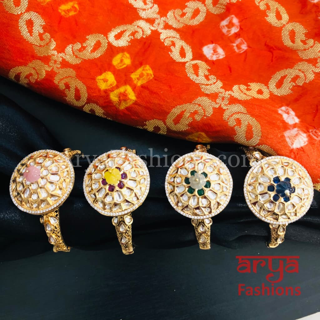 Veera Round Dial Jadau Kundan Rajwadi Openable Bracelet/ Jaipuri Pacchi Bracelet