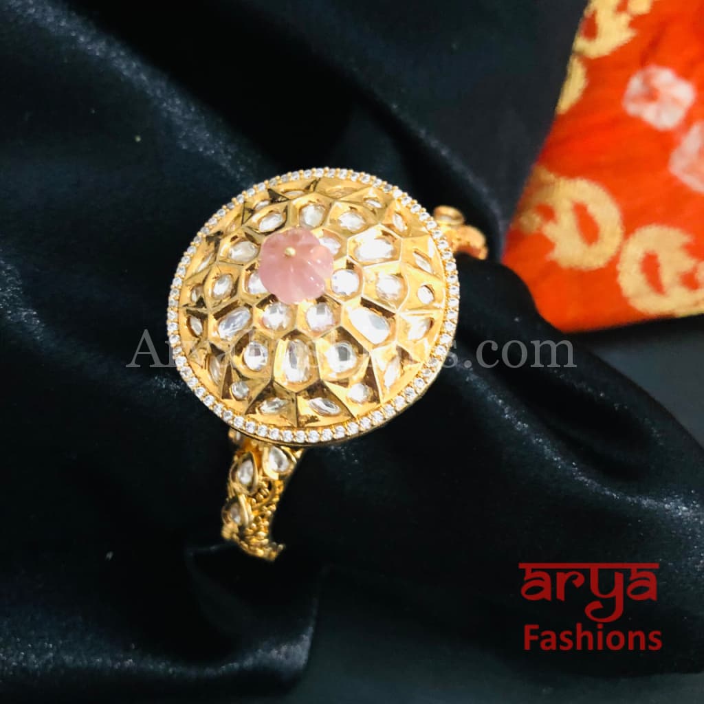Veera Round Dial Jadau Kundan Rajwadi Openable Bracelet/ Jaipuri Pacchi Bracelet
