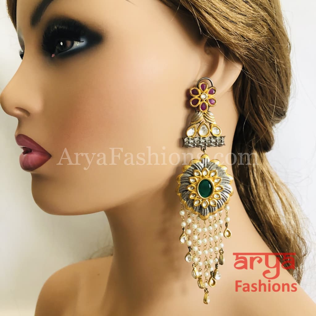 Victorian Ruby Emerald Golden Gray Fusion Kundan Earrings