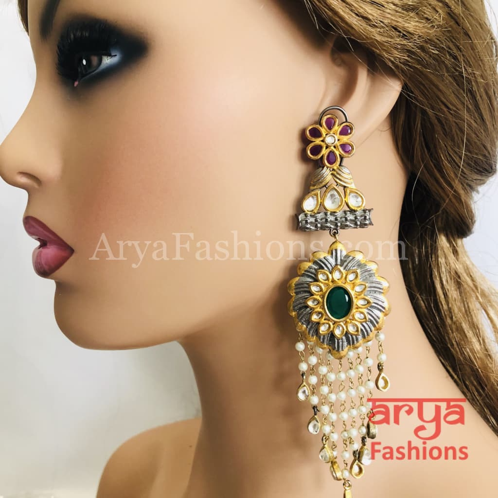 Victorian Ruby Emerald Golden Gray Fusion Kundan Earrings