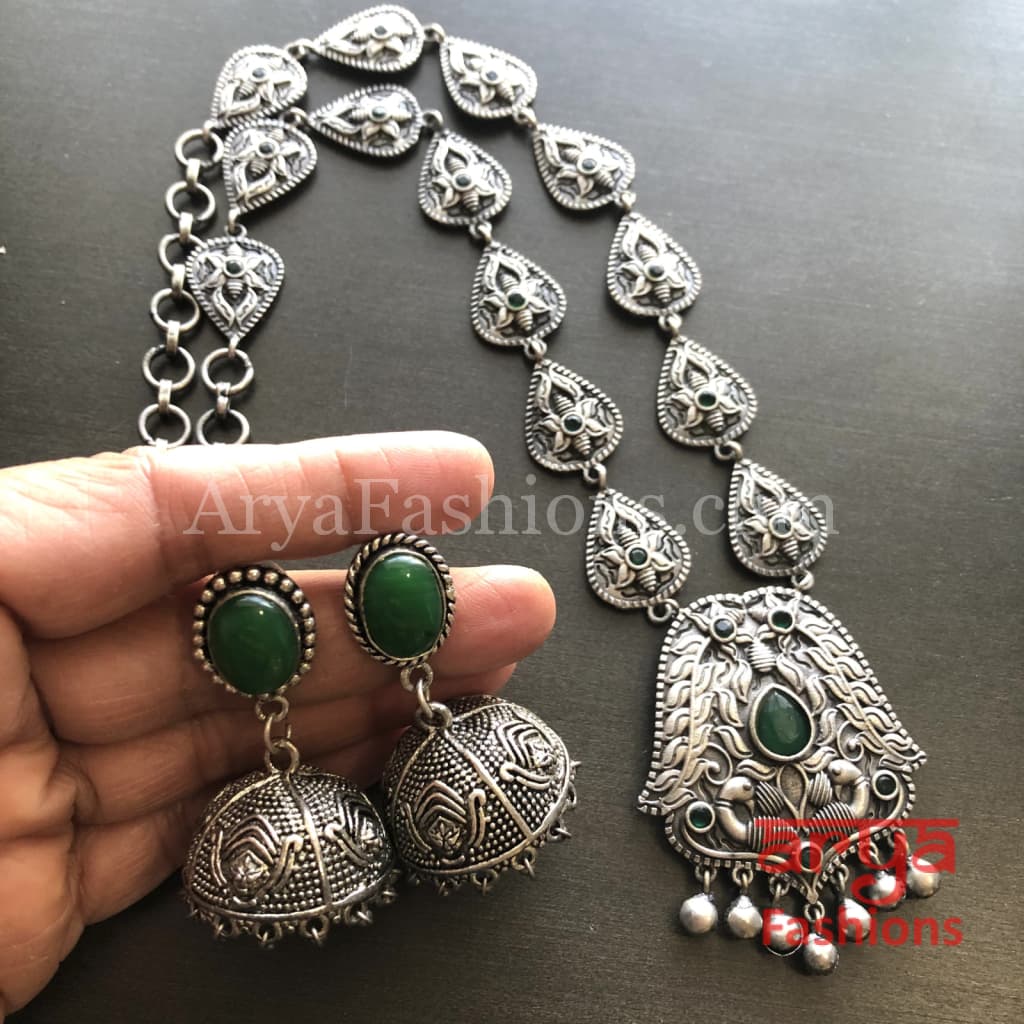 Vidhi Green Stone Pendant Necklace/ Silver Oxidized Tribal Necklace
