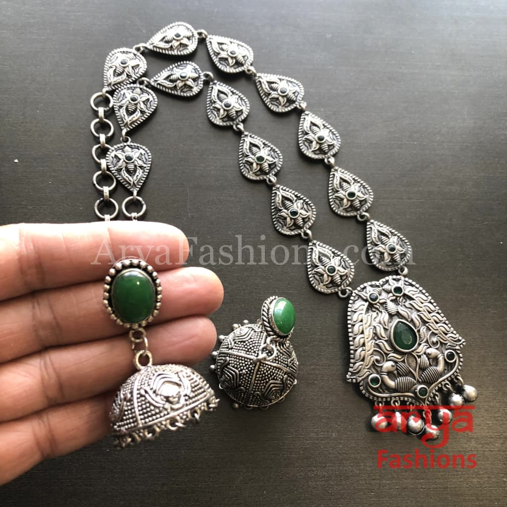 Vidhi Green Stone Pendant Necklace/ Silver Oxidized Tribal Necklace