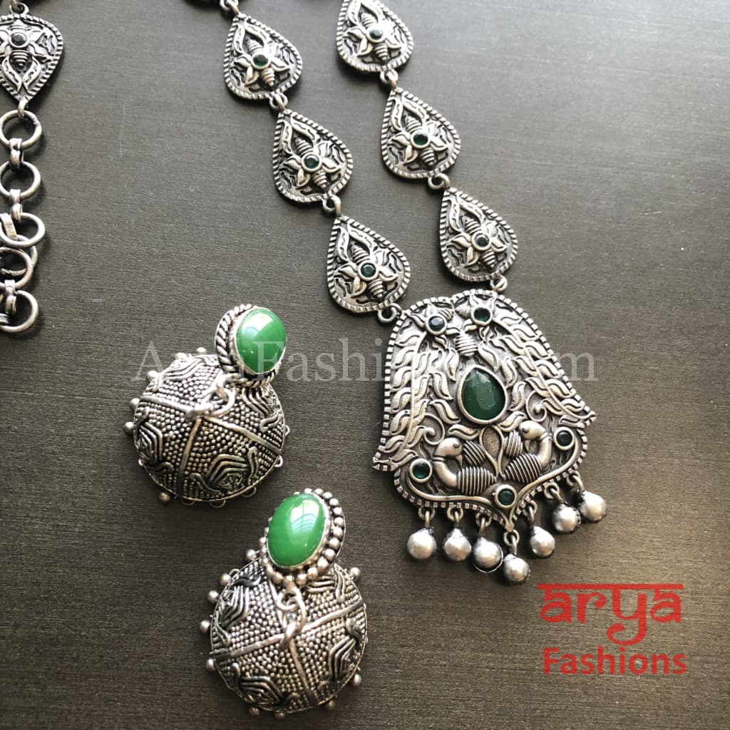 Vidhi Green Stone Pendant Necklace/ Silver Oxidized Tribal Necklace