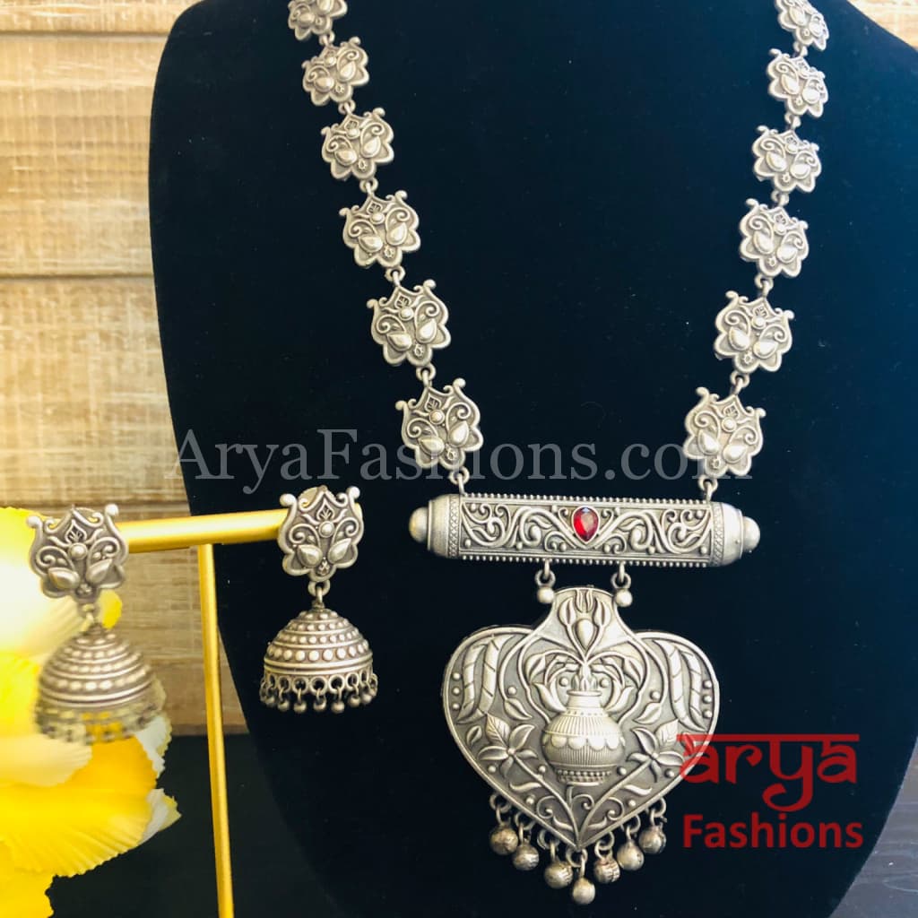 Vintage Silver Oxidized Rajwadi Necklace with beads Jhumkas