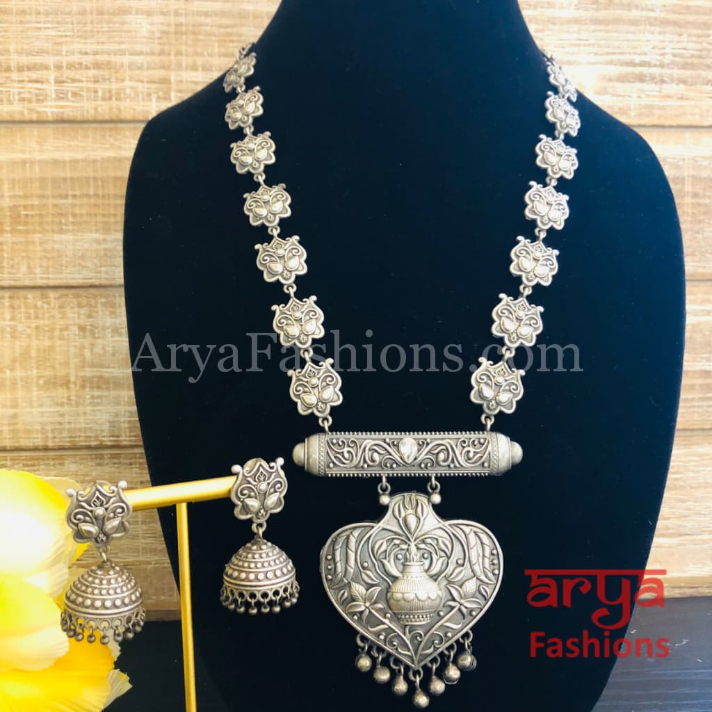 Vintage Silver Oxidized Rajwadi Necklace with beads Jhumkas