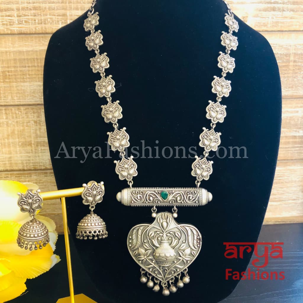 Vintage Silver Oxidized Rajwadi Necklace with beads Jhumkas