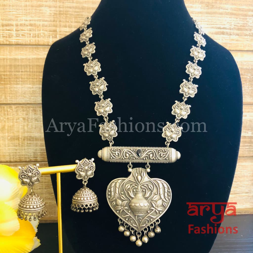 Vintage Silver Oxidized Rajwadi Necklace with beads Jhumkas