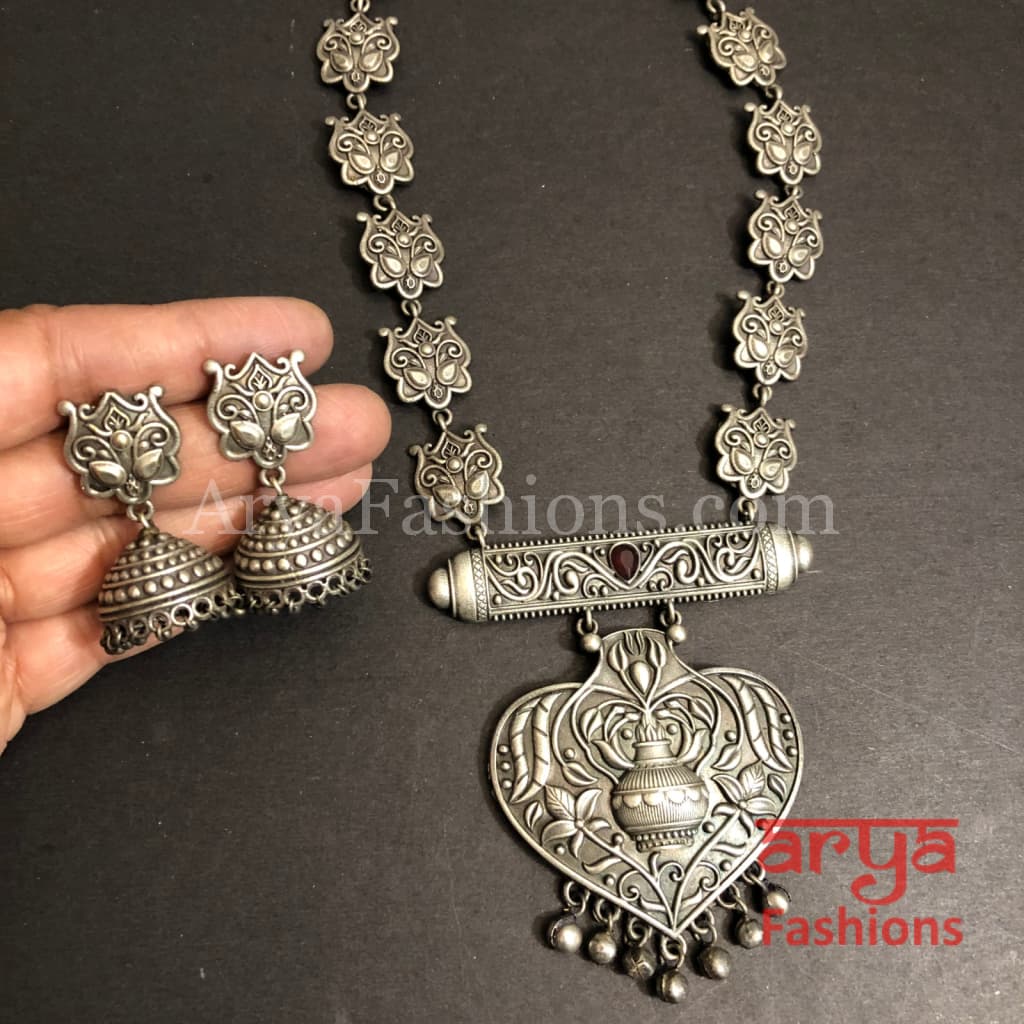 Vintage Silver Oxidized Rajwadi Necklace with beads Jhumkas