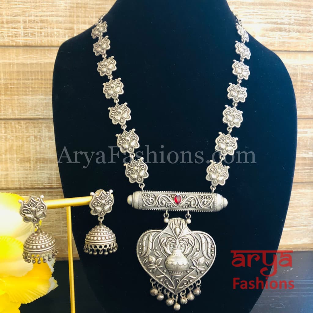 Vintage Silver Oxidized Rajwadi Necklace with beads Jhumkas