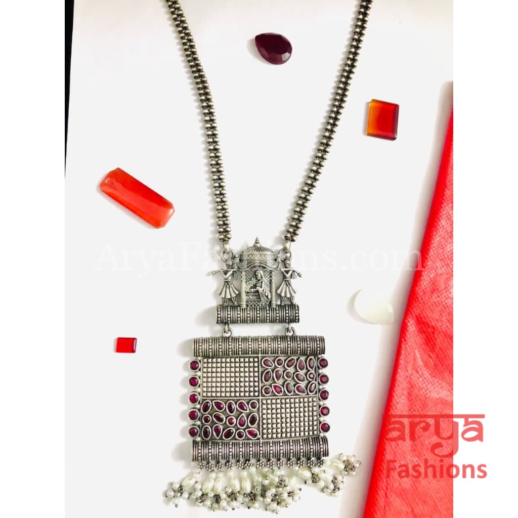 Wedding Theme Silver Oxidized Necklace Long Statement