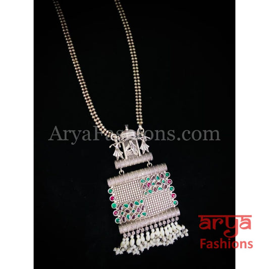 Wedding Theme Silver Oxidized Necklace Long Statement