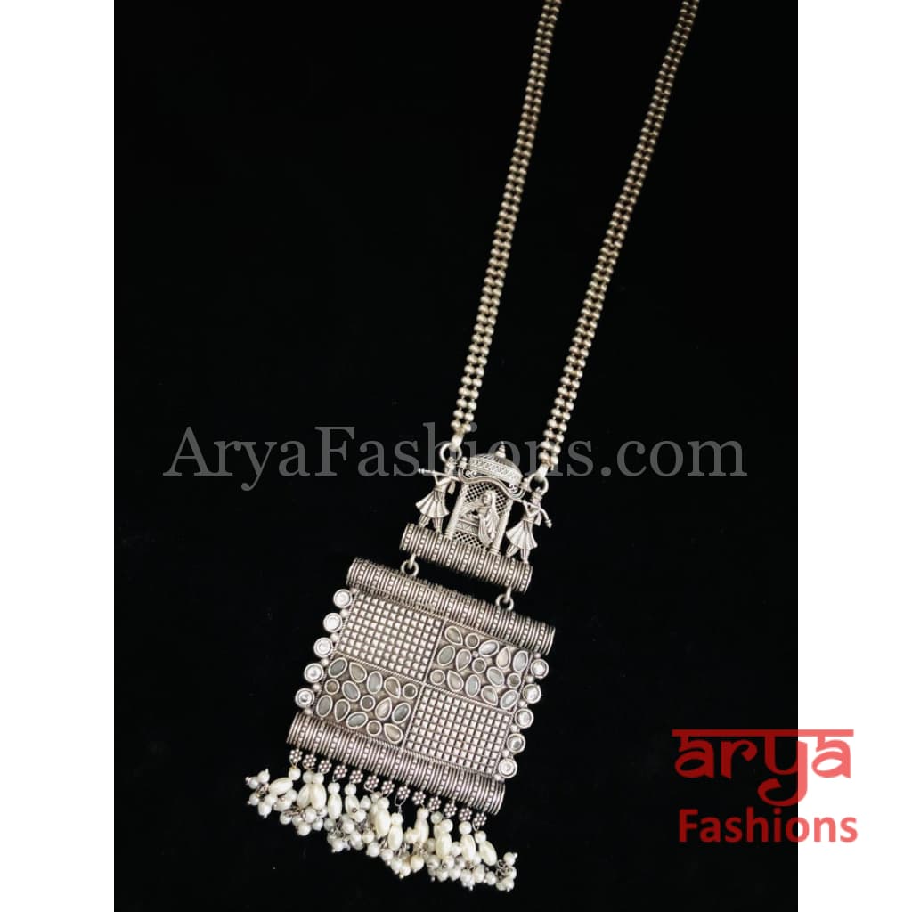 Wedding Theme Silver Oxidized Necklace Long Statement