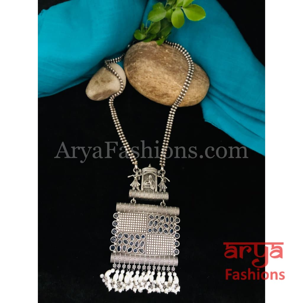 Wedding Theme Silver Oxidized Necklace Long Statement