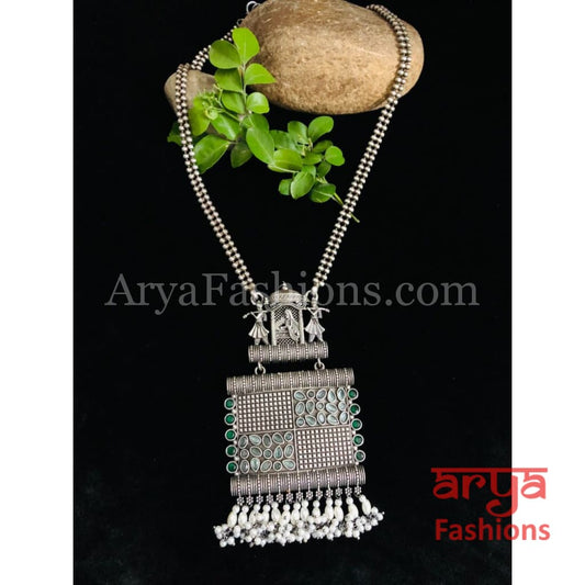 Wedding Theme Silver Oxidized Necklace Long Statement