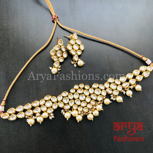 White and Green Beads Choker Necklace with Kundan