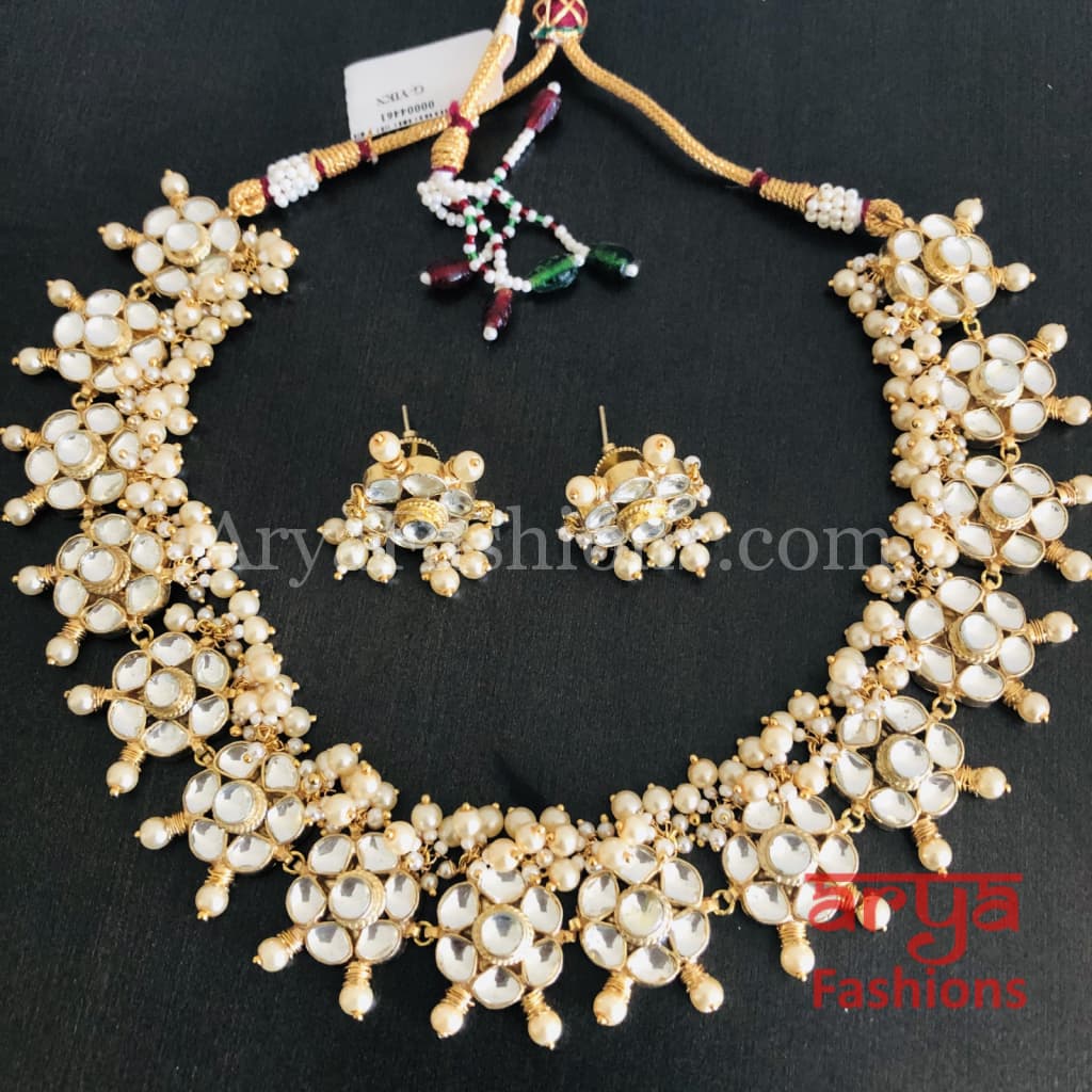 White Kundan Pearl Necklace with Earrings