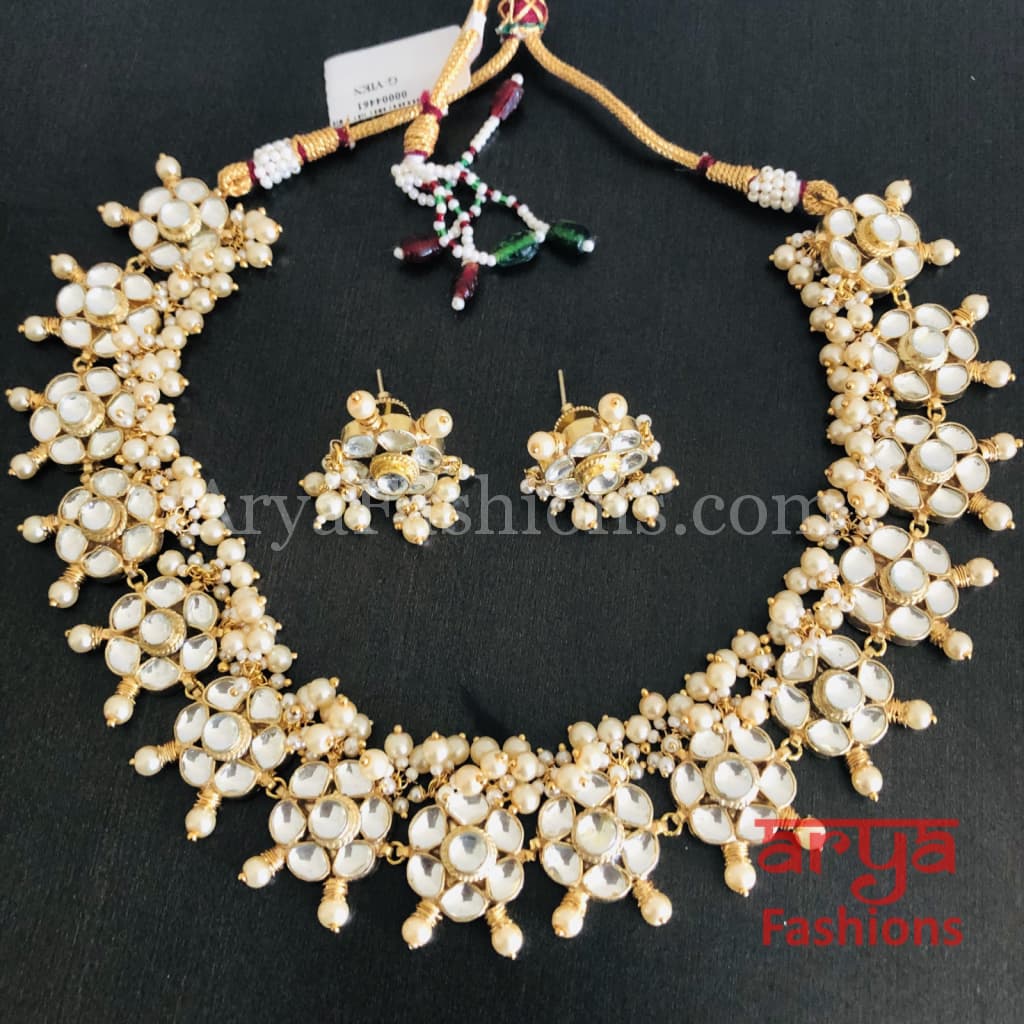 White Kundan Pearl Necklace with Earrings