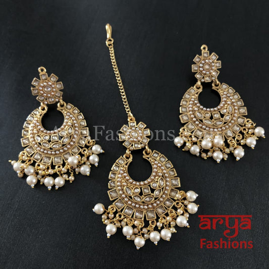 White Mang Tika and Chandbali Earrings Combo Set