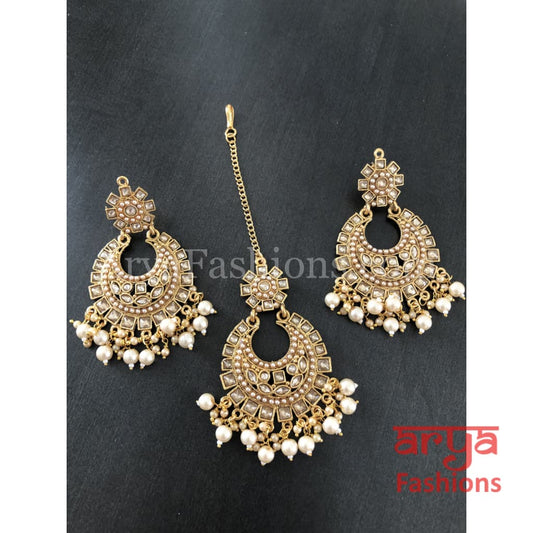 White Mang Tika and Chandbali Earrings Combo Set