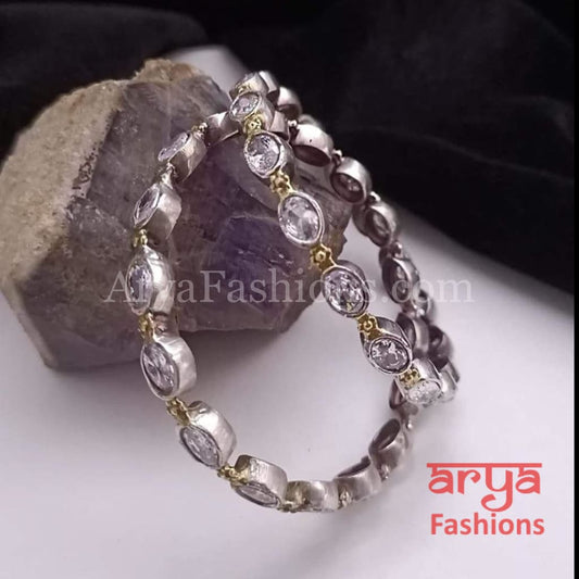 White stones Silver and Golden Dual Tone bangles Pair of 2 Bangles