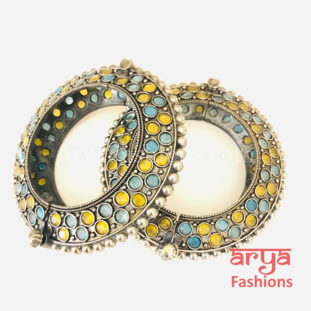 Yellow Blue Ethnic Silver Oxidized Bracelet/ Bracelet /Size 2.4 2.6