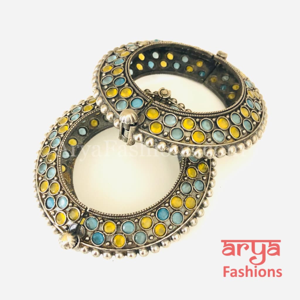 Yellow Blue Ethnic Silver Oxidized Bracelet/ Bracelet /Size 2.4 2.6