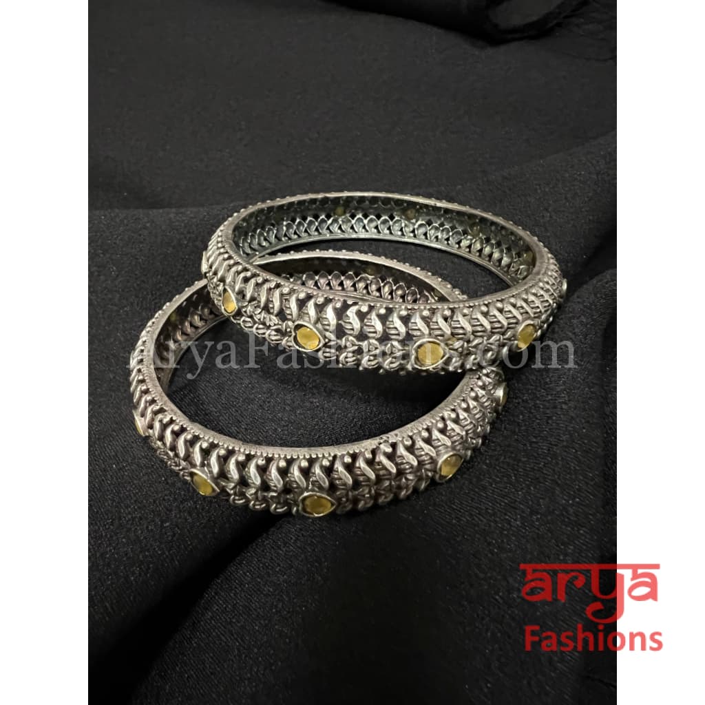 Yellow Brown Silver Oxidized Openable Bangles