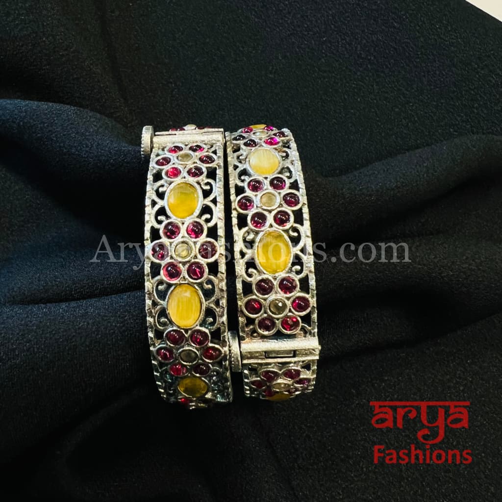 Yellow Pink Silver Oxidized Tribal Openable bangles