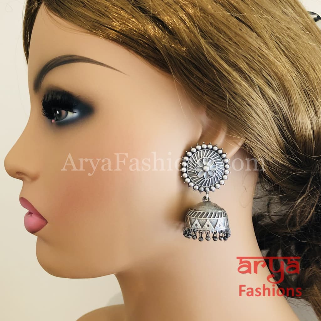 Zaniya Silver Oxidized Jhumka/Ethnic Earrings