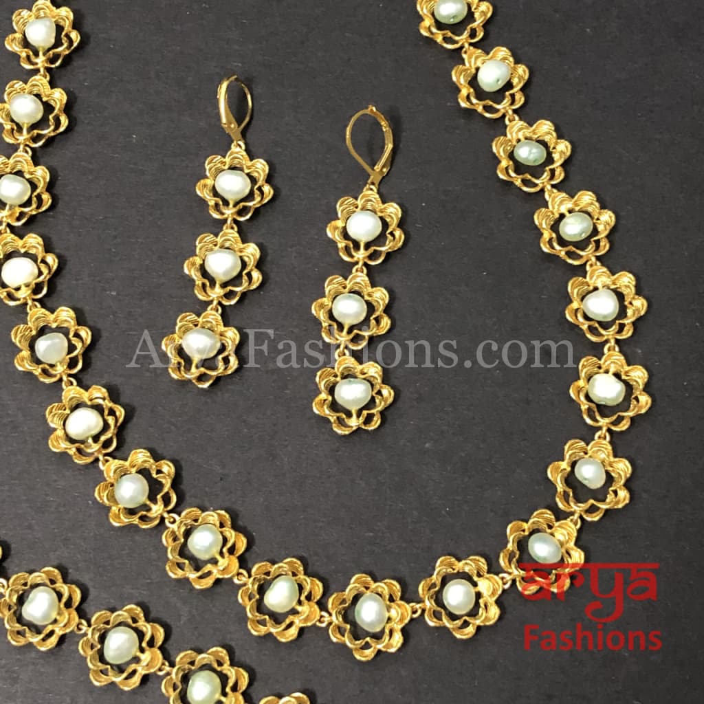 Zara Flower Necklace/Fusion/Indo-Western Necklace/Natural Pearls Necklace